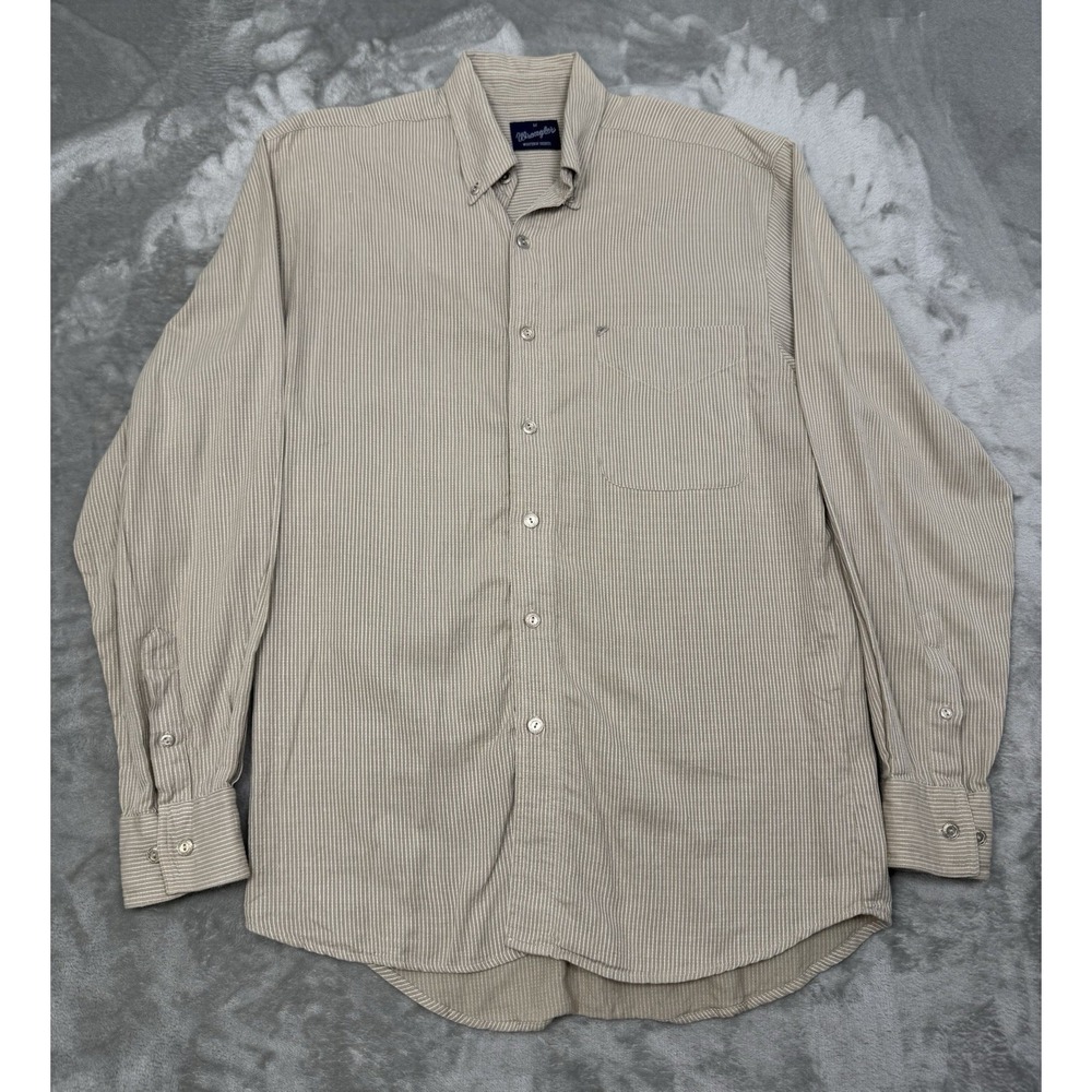 Vintage Wrangler Shirt Mens Medium Beige Striped Button Down Long Western 90s